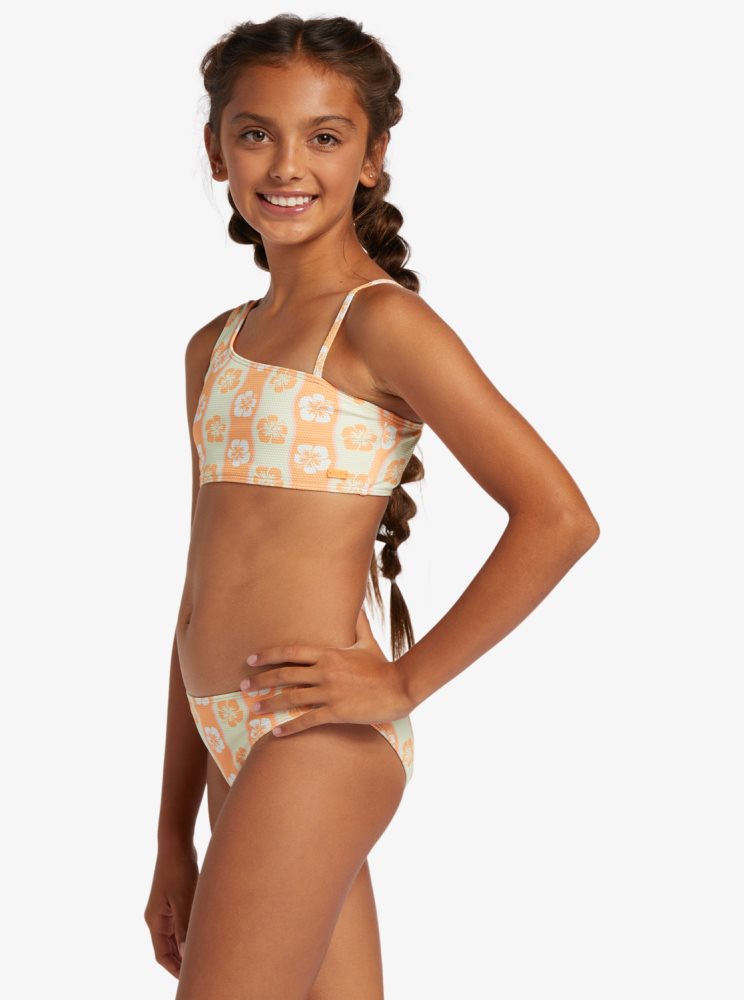 White / Khaki Kids' Roxy 4-16 Wavy Flower Two Piece Crop Top Set Bikinis | USA GPZO-96421