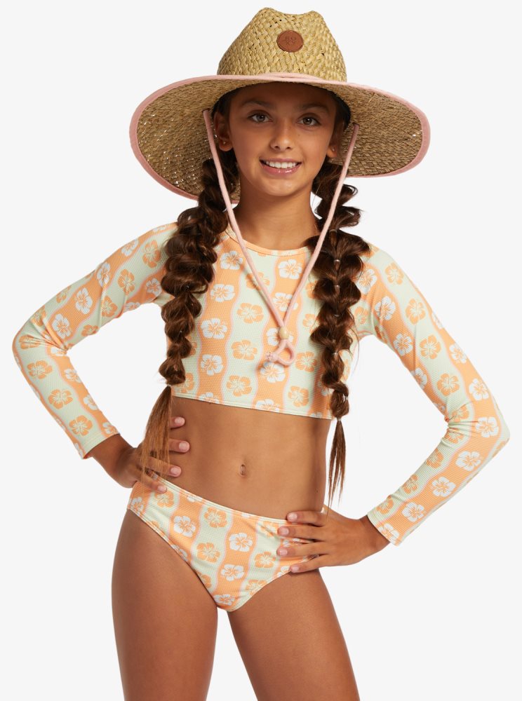 White / Khaki Kids' Roxy 4-16 Wavy Flower Cropped Long Sleeve Set Rashguards | USA PSEV-37614