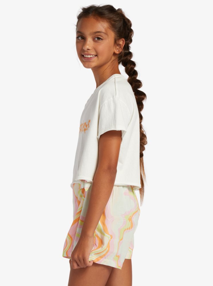 White Kids' Roxy 4-16 Hibiscus Stripe Oversized Cropped T Shirts | USA AMFX-64529