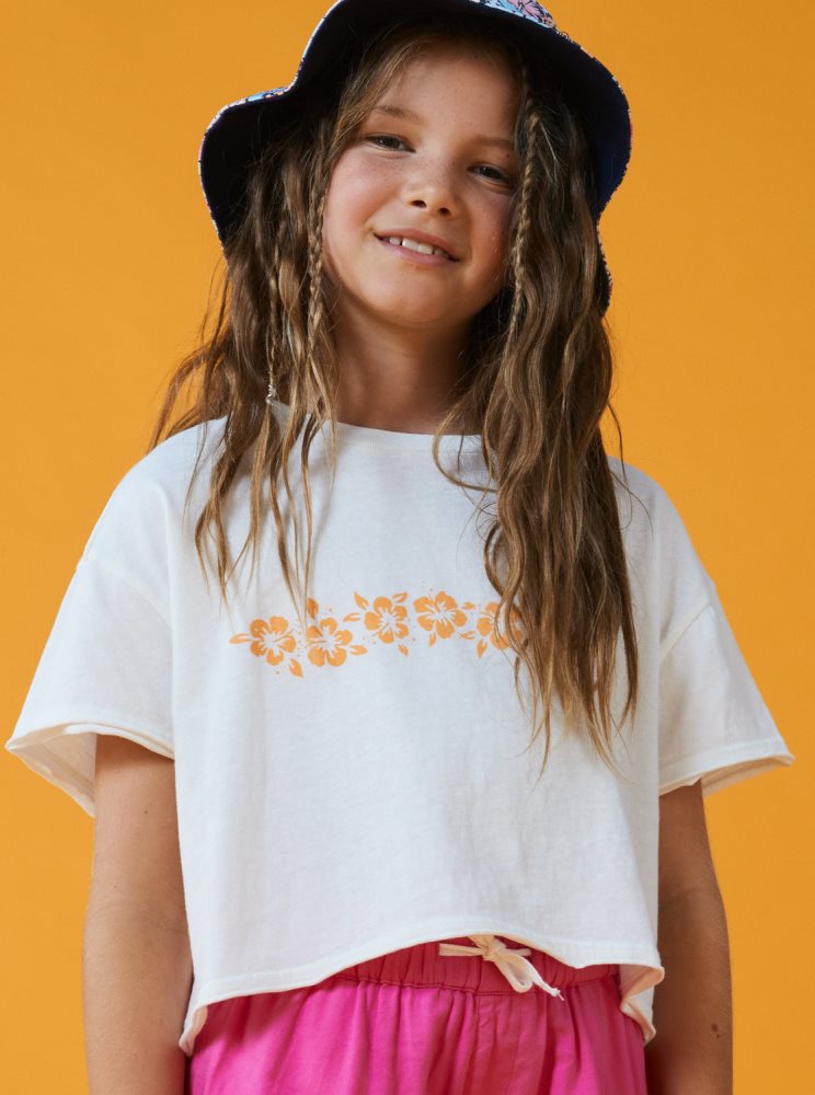 White Kids' Roxy 4-16 Hibiscus Stripe Oversized Cropped T Shirts | USA AMFX-64529