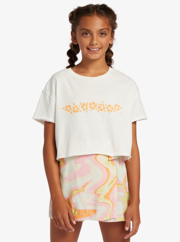 White Kids' Roxy 4-16 Hibiscus Stripe Oversized Cropped T Shirts | USA AMFX-64529