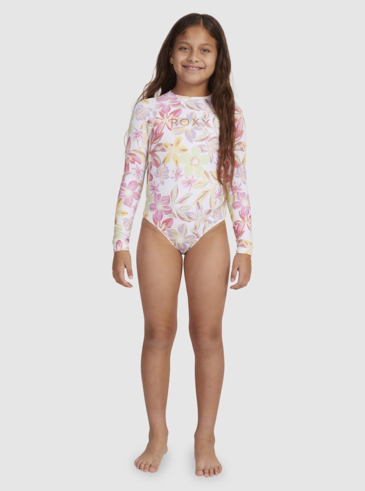 White Kids' Roxy 7-16 Tropical Time Long Sleeve One-Piece Rashguards | USA SGXP-17058