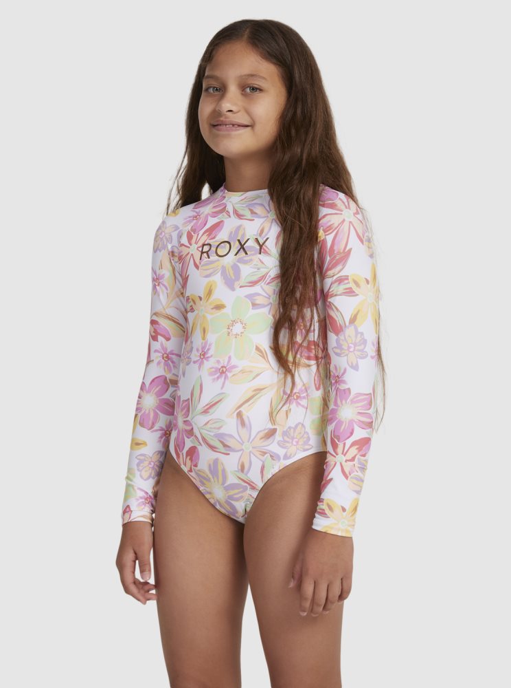 White Kids' Roxy 7-16 Tropical Time Long Sleeve One-Piece Rashguards | USA SGXP-17058