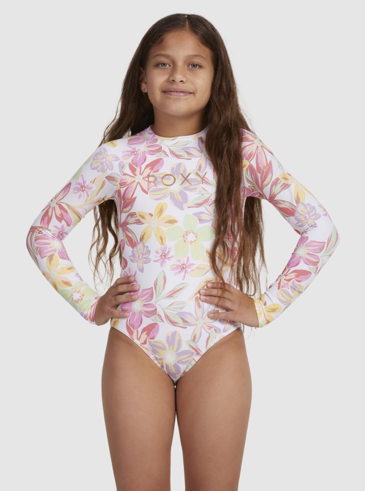 White Kids\' Roxy 7-16 Tropical Time Long Sleeve One-Piece Rashguards | USA SGXP-17058