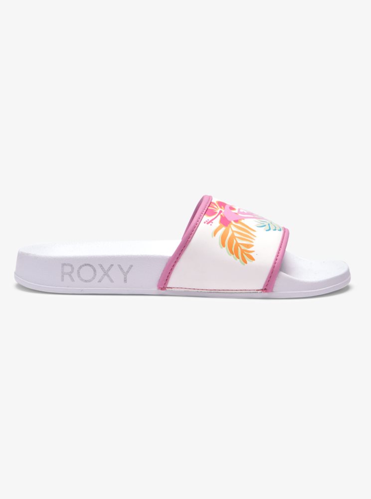 White / Lavender Women's Roxy Slippy Sandals | USA ZNLG-84365