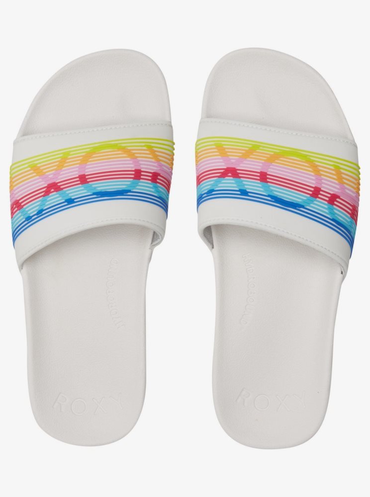 White / Multicolor Women's Roxy Slippy Water-Friendly Sandals | USA DWFU-10297