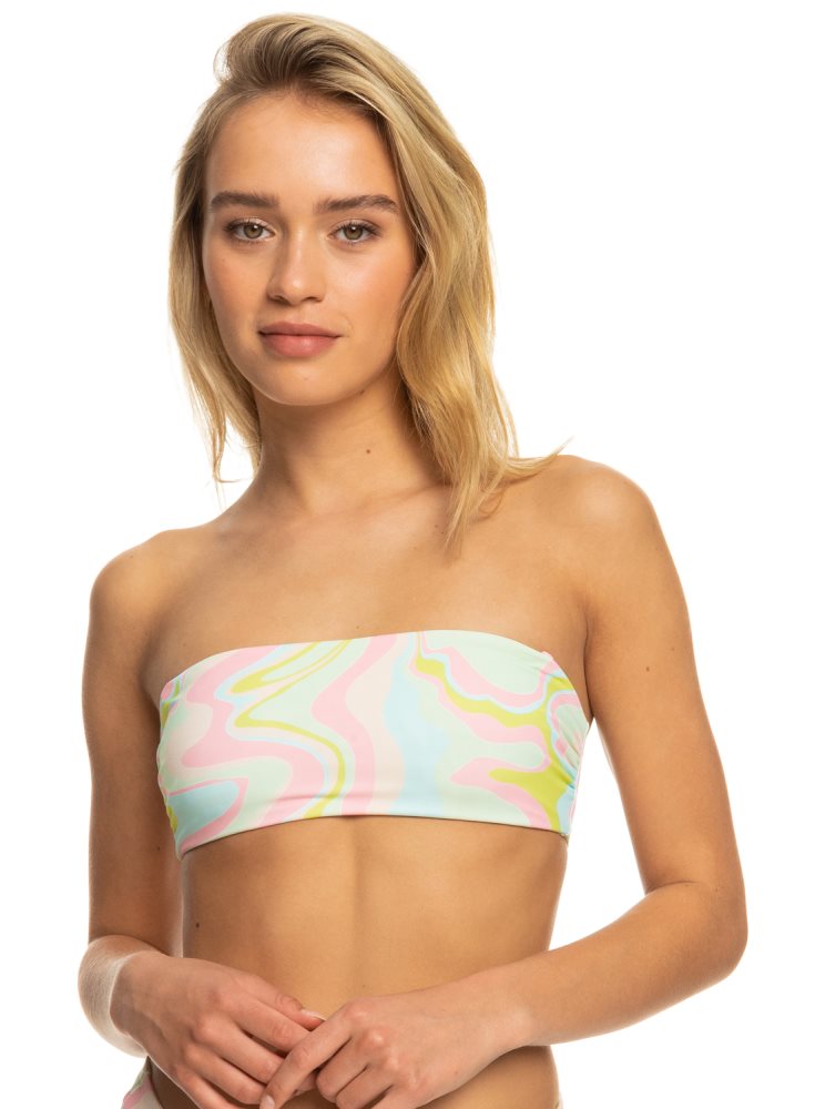 White / Multicolor Women's Roxy Tropics Hype Reversible Bandeau Bikini Tops | USA ADTU-70245