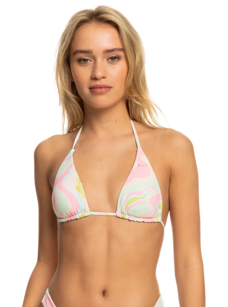 White / Multicolor Women's Roxy Tropics Hype Reversible Tiki Tri Bikini Tops | USA LRUH-89304