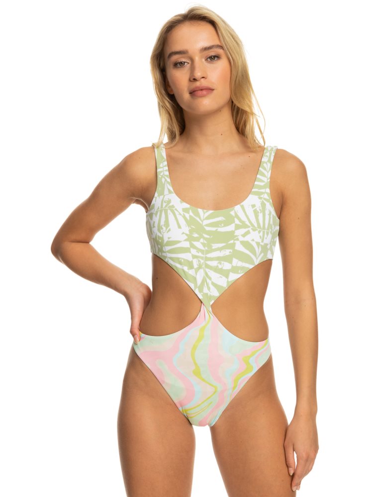 White / Multicolor Women's Roxy Tropics Hype Reversible One Piece Swimsuits | USA NBXM-41032