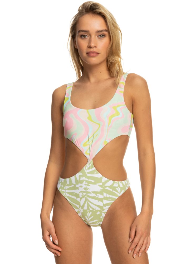 White / Multicolor Women's Roxy Tropics Hype Reversible One Piece Swimsuits | USA NBXM-41032