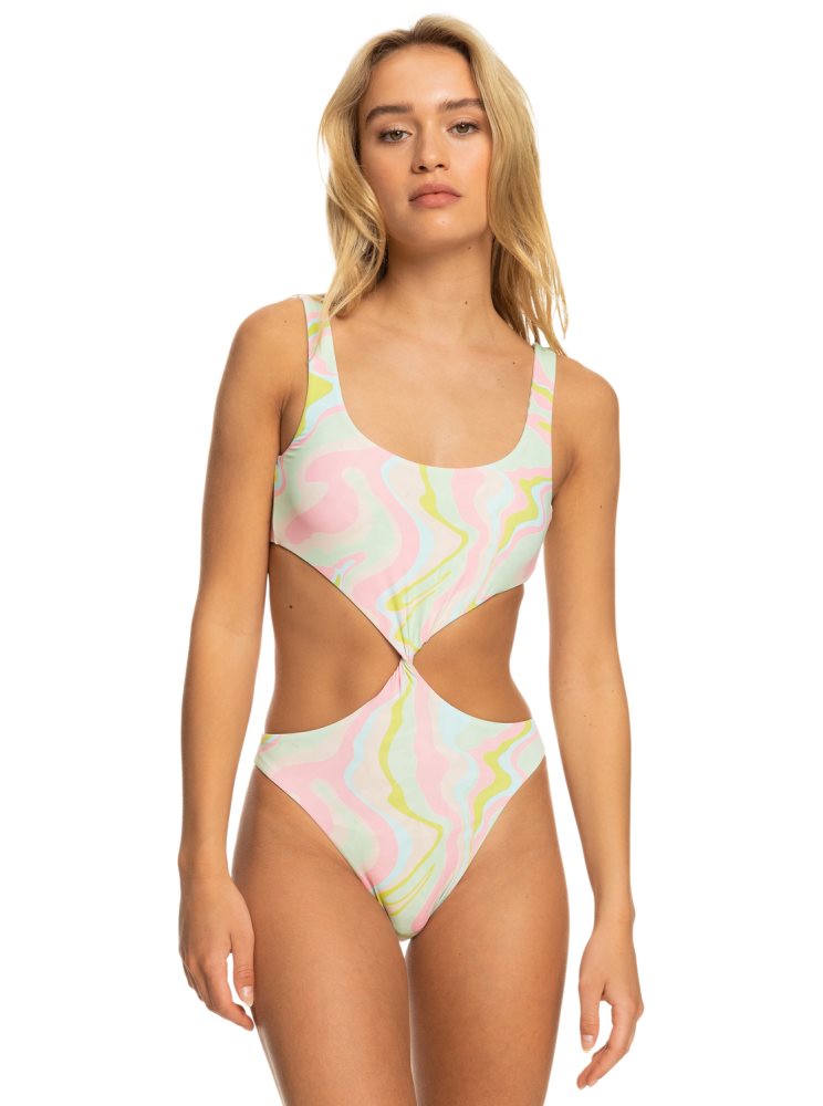 White / Multicolor Women\'s Roxy Tropics Hype Reversible One Piece Swimsuits | USA NBXM-41032