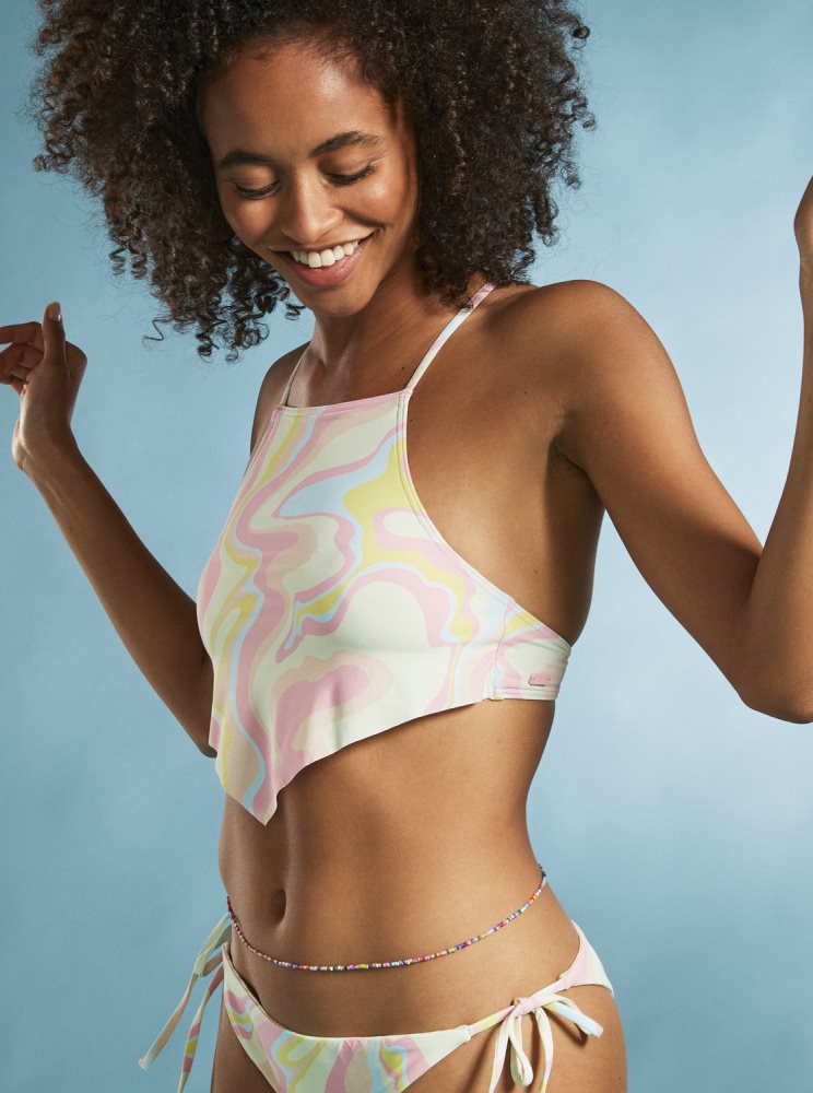 White / Multicolor Women's Roxy Tropics Hype Crop Bikini Tops | USA YKFW-39275