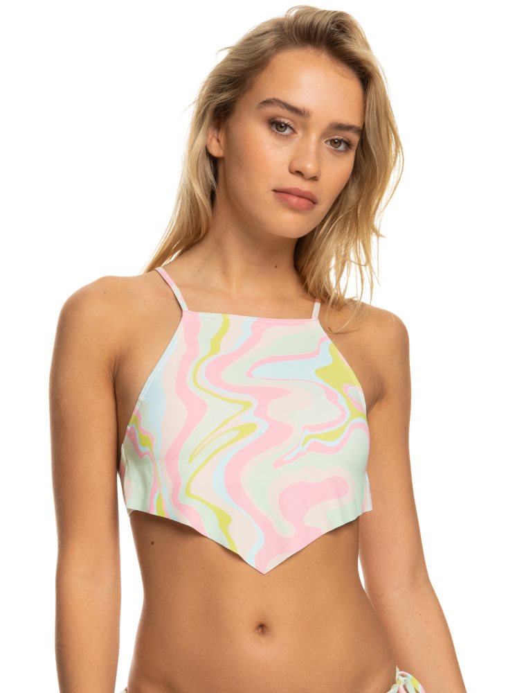 White / Multicolor Women's Roxy Tropics Hype Crop Bikini Tops | USA YKFW-39275