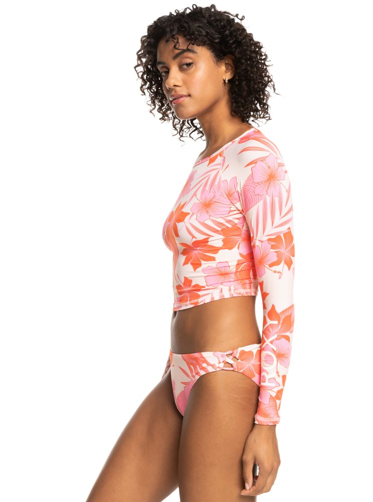 White / Orange / Pink Women's Roxy Crop Top Cropped Long Sleeve Rashguards | USA VMZP-95480