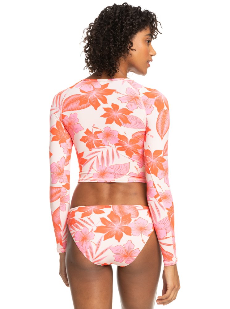 White / Orange / Pink Women's Roxy Crop Top Cropped Long Sleeve Rashguards | USA VMZP-95480