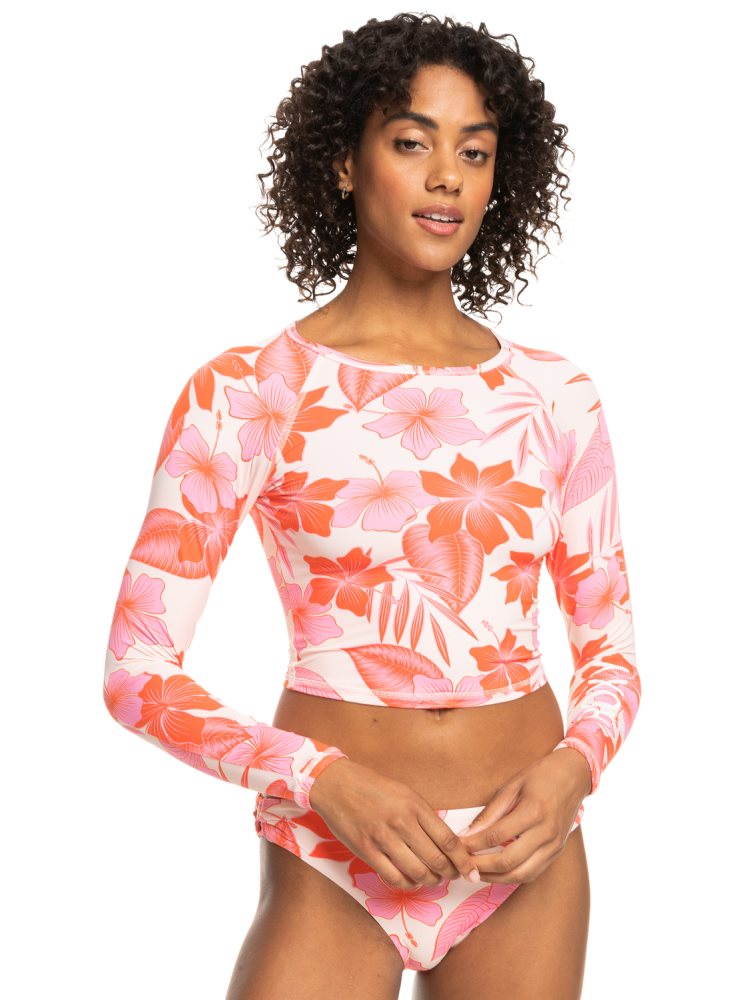 White / Orange / Pink Women\'s Roxy Crop Top Cropped Long Sleeve Rashguards | USA VMZP-95480