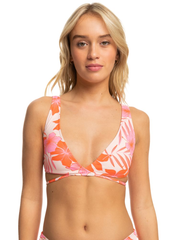 White / Orange / Pink Women\'s Roxy Printed Beach Classics Elongated Bikini Tops | USA HUYW-15372