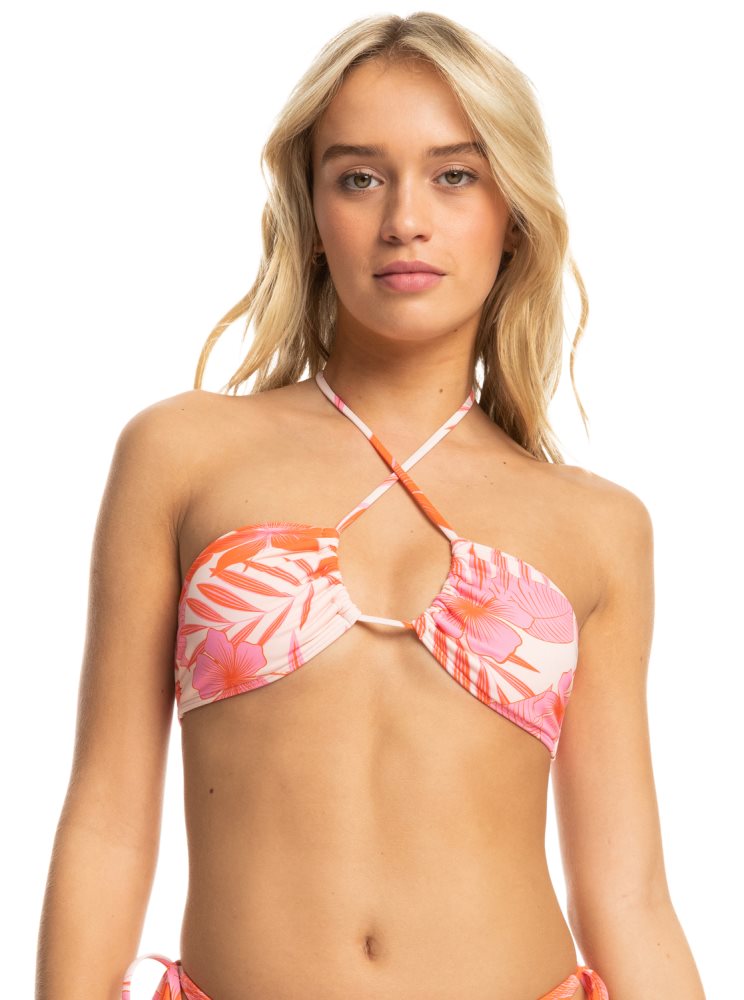 White / Orange / Pink Women's Roxy Printed Beach Classics Triangle Bikini Tops | USA VOSQ-71203