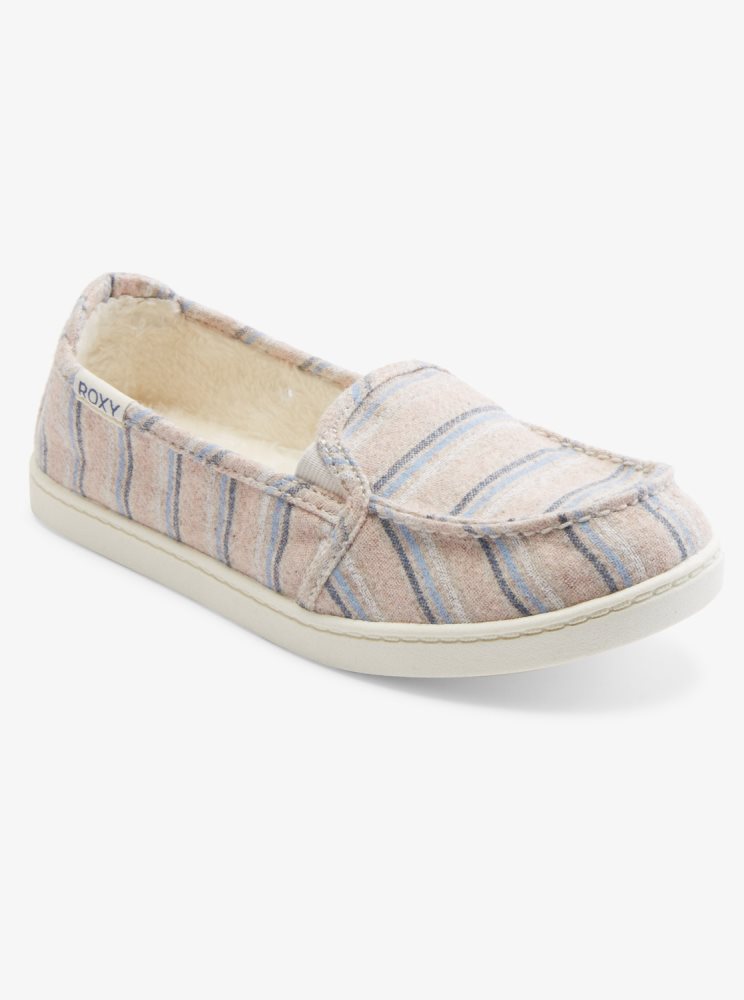 White / Pink / Blue Women's Roxy Minnow Faux Fur-Lined Slip On Shoes | USA KDLZ-53679