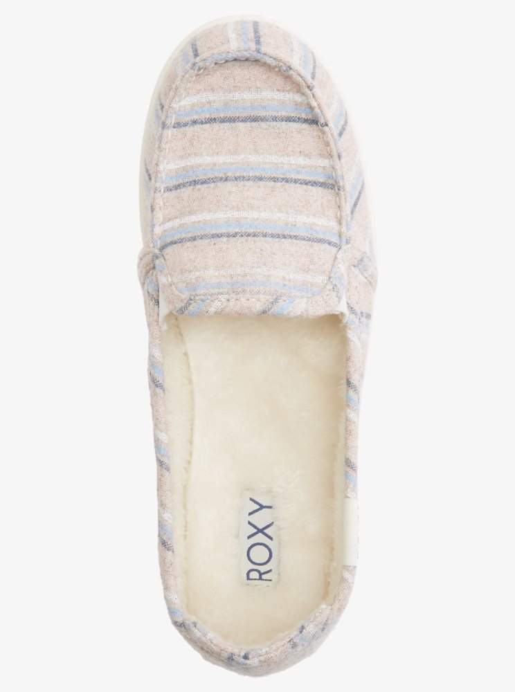 White / Pink / Blue Women's Roxy Minnow Faux Fur-Lined Slip On Shoes | USA KDLZ-53679