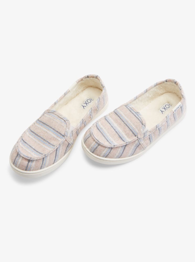 White / Pink / Blue Women's Roxy Minnow Faux Fur-Lined Slip On Shoes | USA KDLZ-53679