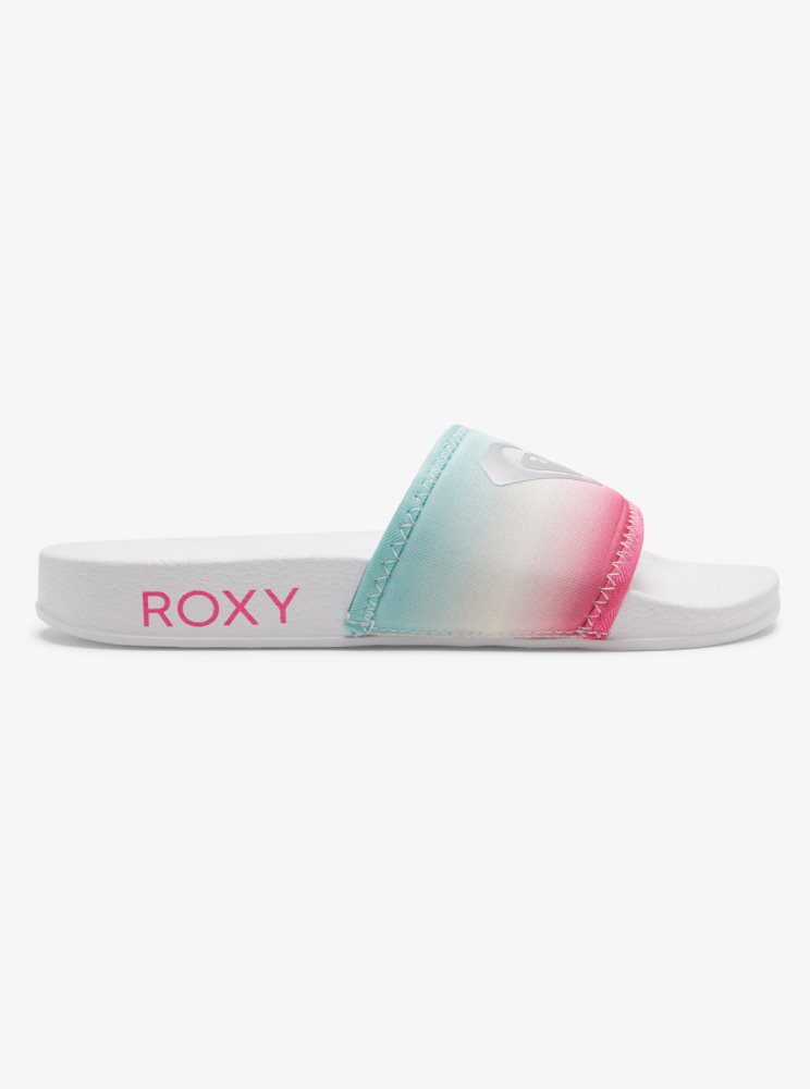 White / Pink / Turquoise Kids' Roxy 4-16 Slippy Neo Sandals | USA DOGV-38629