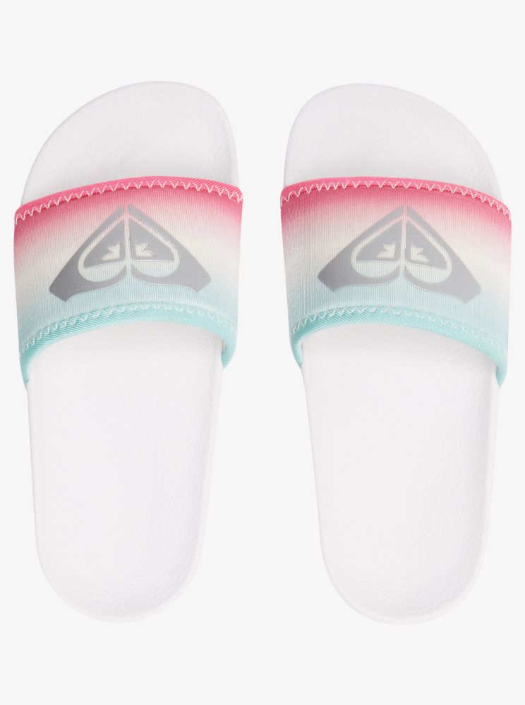 White / Pink / Turquoise Kids' Roxy 4-16 Slippy Neo Sandals | USA DOGV-38629