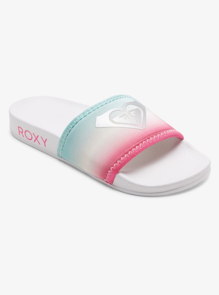 White / Pink / Turquoise Kids\' Roxy 4-16 Slippy Neo Sandals | USA DOGV-38629