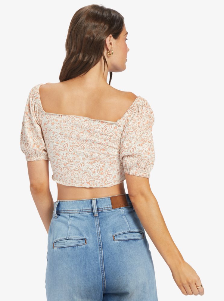 White / Pink Women's Roxy Flirty Walk Printed Ruched Crop Tops | USA AYXW-92537