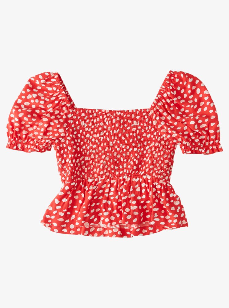 White / Red Kids' Roxy Hello Petal Puff Sleeve Crop Tops | USA AWUG-45382