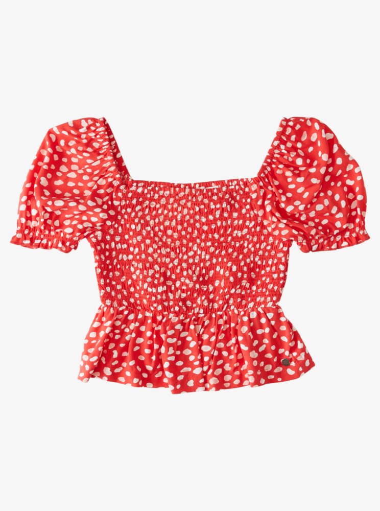 White / Red Kids\' Roxy Hello Petal Puff Sleeve Crop Tops | USA AWUG-45382