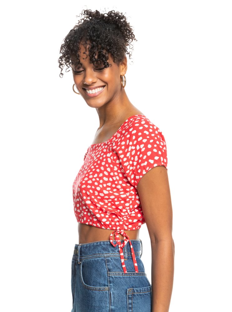 White / Red Women's Roxy Dear Amor Printed Short Sleeve Crop Tops | USA FQYJ-18524