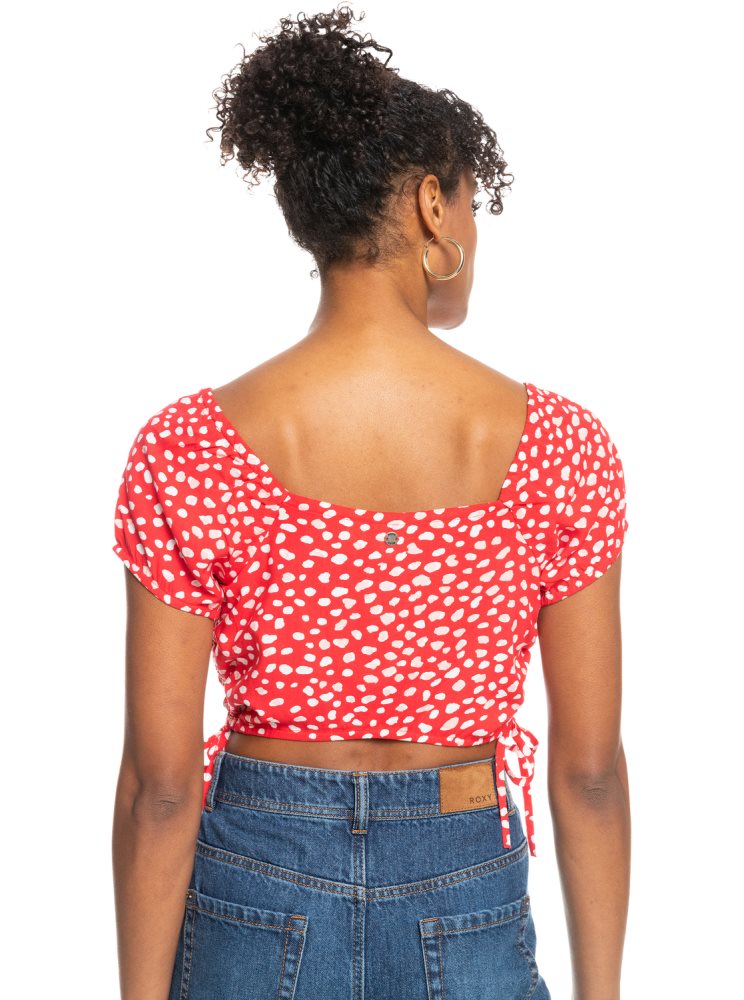 White / Red Women's Roxy Dear Amor Printed Short Sleeve Crop Tops | USA FQYJ-18524