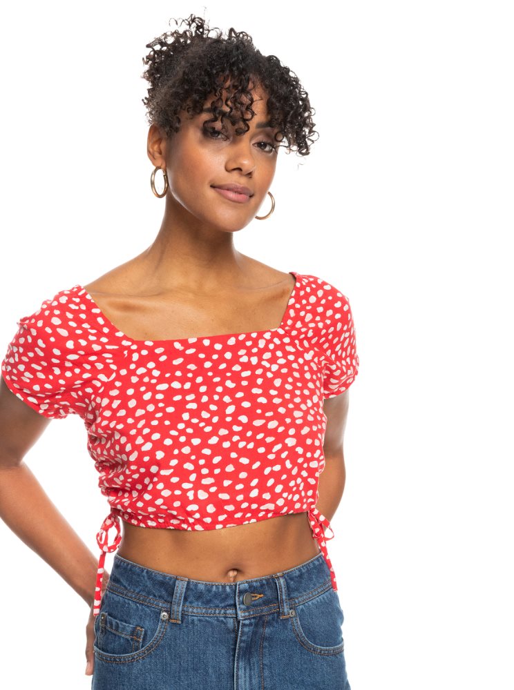 White / Red Women\'s Roxy Dear Amor Printed Short Sleeve Crop Tops | USA FQYJ-18524