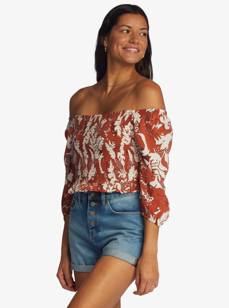 White / Red Women's Roxy Like The Sun Off The Shoulder Tops | USA MPBD-47081