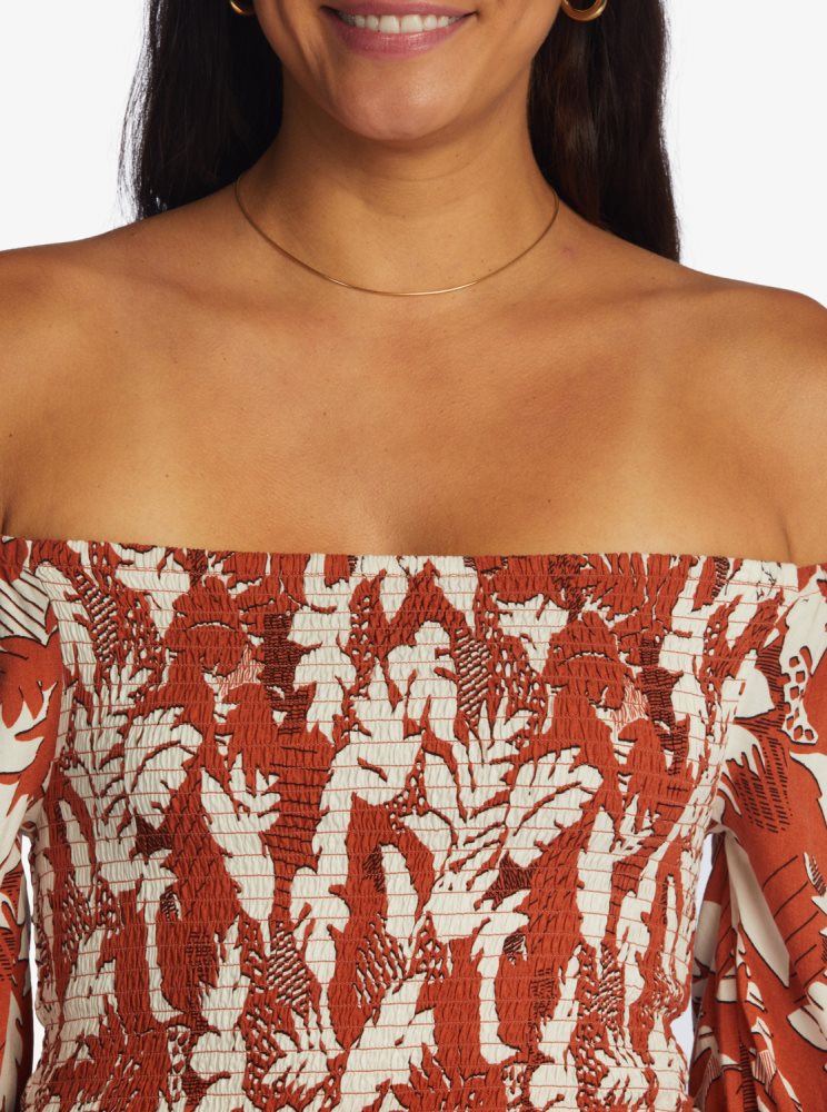 White / Red Women's Roxy Like The Sun Off The Shoulder Tops | USA MPBD-47081