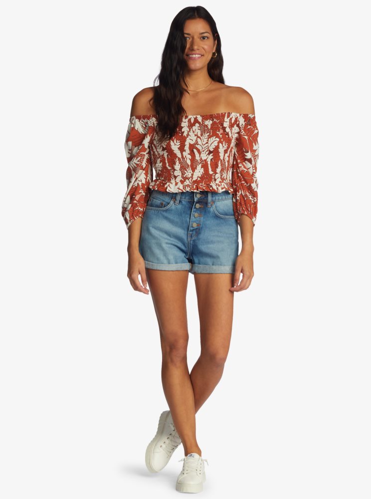 White / Red Women's Roxy Like The Sun Off The Shoulder Tops | USA MPBD-47081