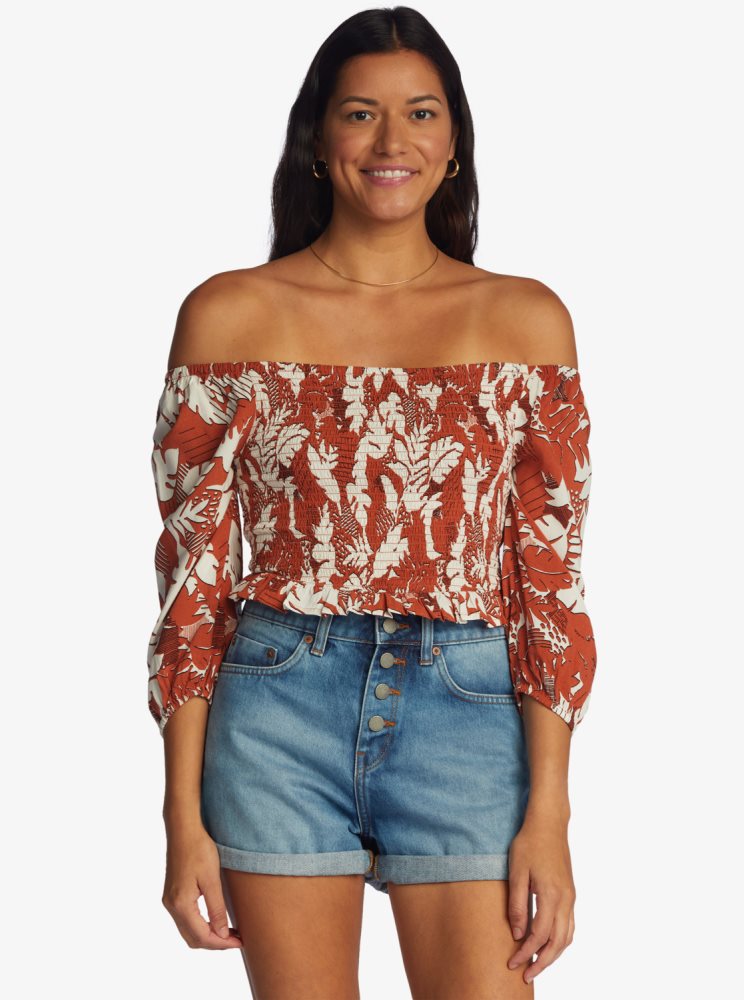 White / Red Women\'s Roxy Like The Sun Off The Shoulder Tops | USA MPBD-47081