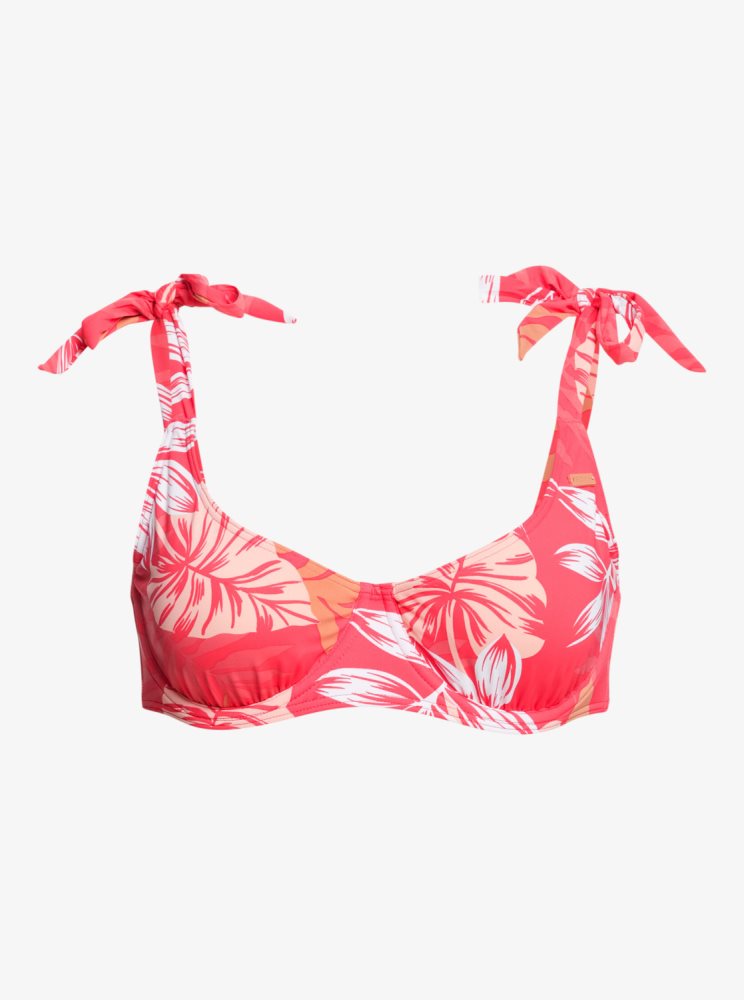 White / Red Women's Roxy Seaside Tropics D-Cup Underwire Bikini Tops | USA TBDP-80563