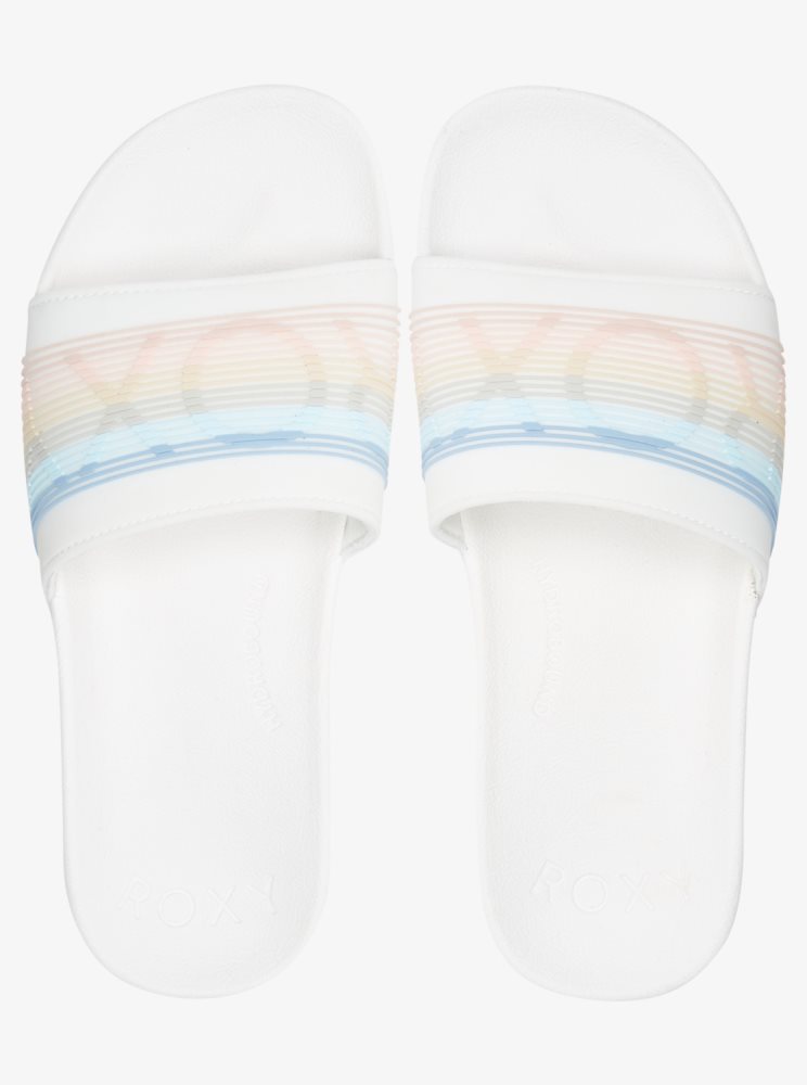 White / Stripes Women's Roxy Slippy Water-Friendly Sandals | USA UHRO-74531