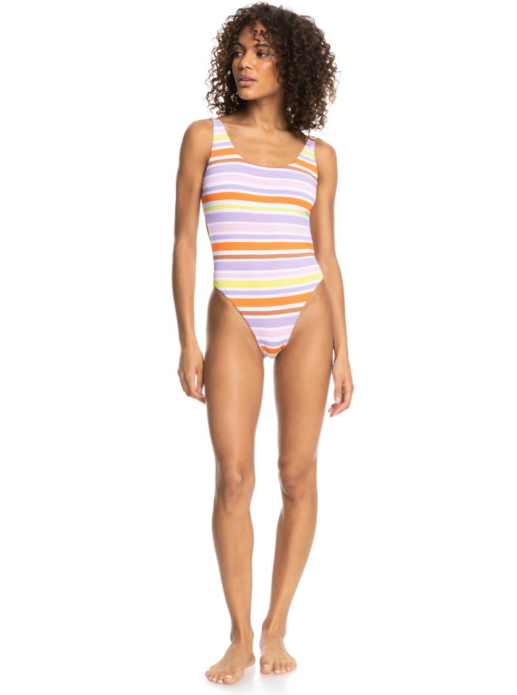 White Stripes Women's Roxy Surf.Kind.Kate. Reversible One Piece Swimsuits | USA MWFV-06492