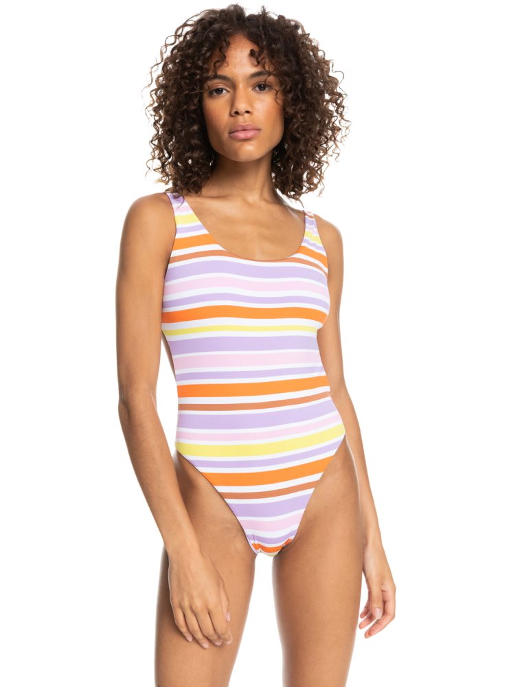 White Stripes Women's Roxy Surf.Kind.Kate. Reversible One Piece Swimsuits | USA MWFV-06492