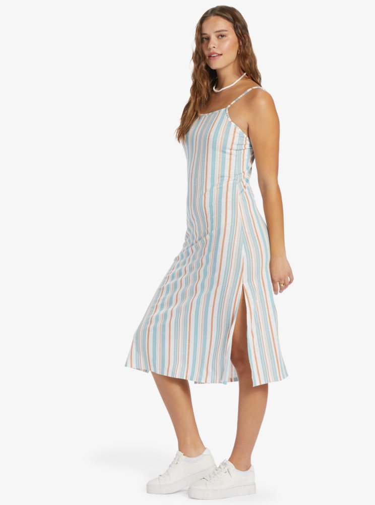 White Stripes Women's Roxy Warm Horizons Mid Length Low Back Dress | USA IXZW-12605