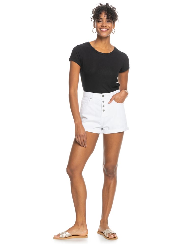 White Women's Roxy Authentic Summer White High Denim Shorts | USA EHRK-90674