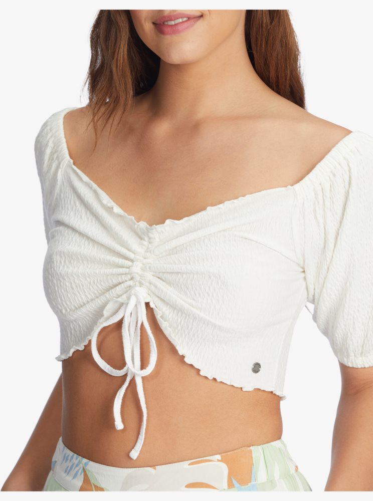 White Women's Roxy Flirty Walk Puff Sleeve Crop Tops | USA NRGB-12086