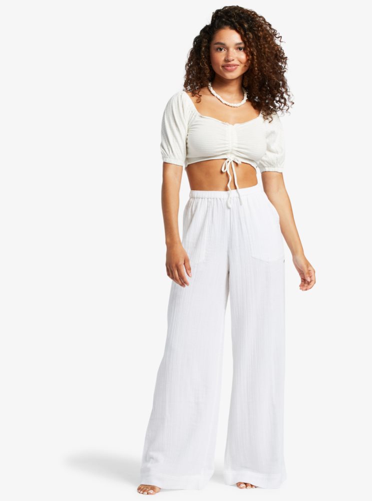 White Women's Roxy Flirty Walk Ruched Crop Tops | USA DEJR-59073