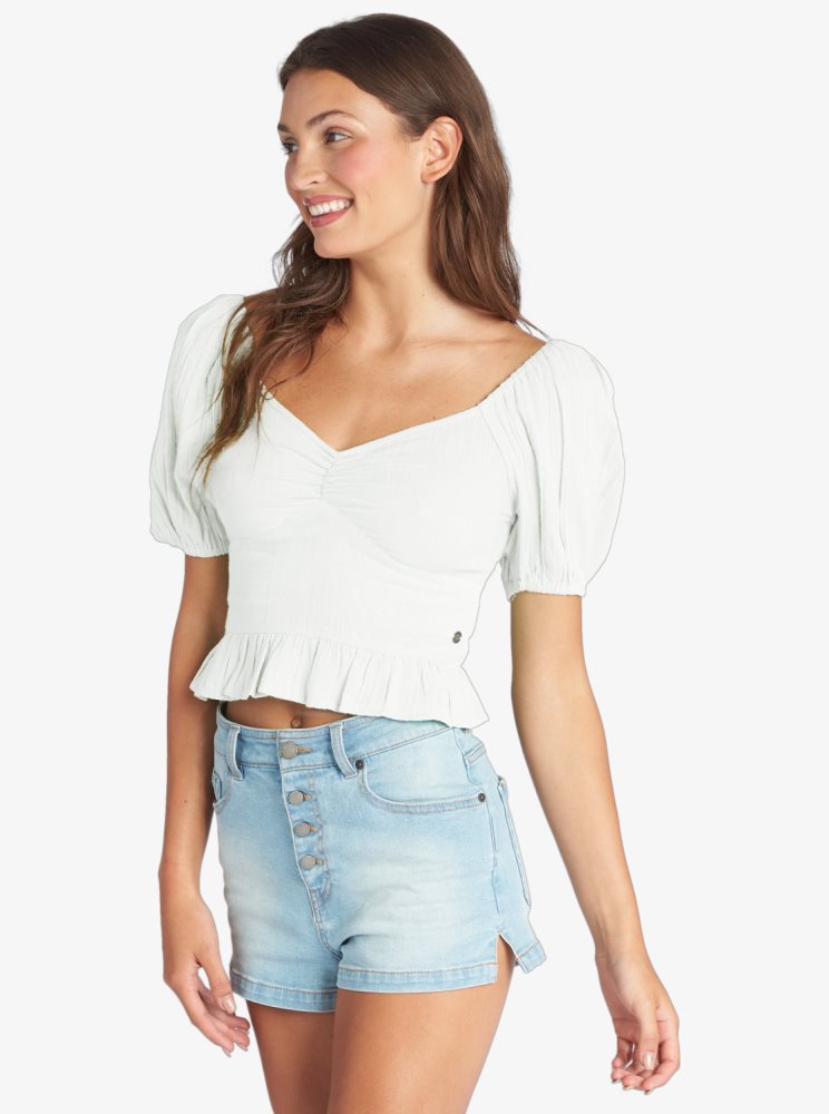 White Women's Roxy Life Mirage Woven Puff Sleeve Tops | USA URBS-76521