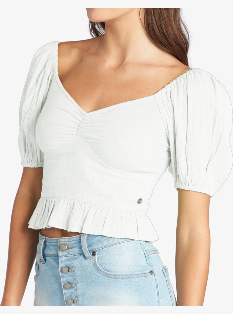 White Women's Roxy Life Mirage Woven Puff Sleeve Tops | USA URBS-76521