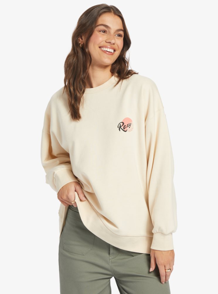 White Women's Roxy Morning Hike Crewneck Boyfriend Sweatshirts | USA OULB-04937