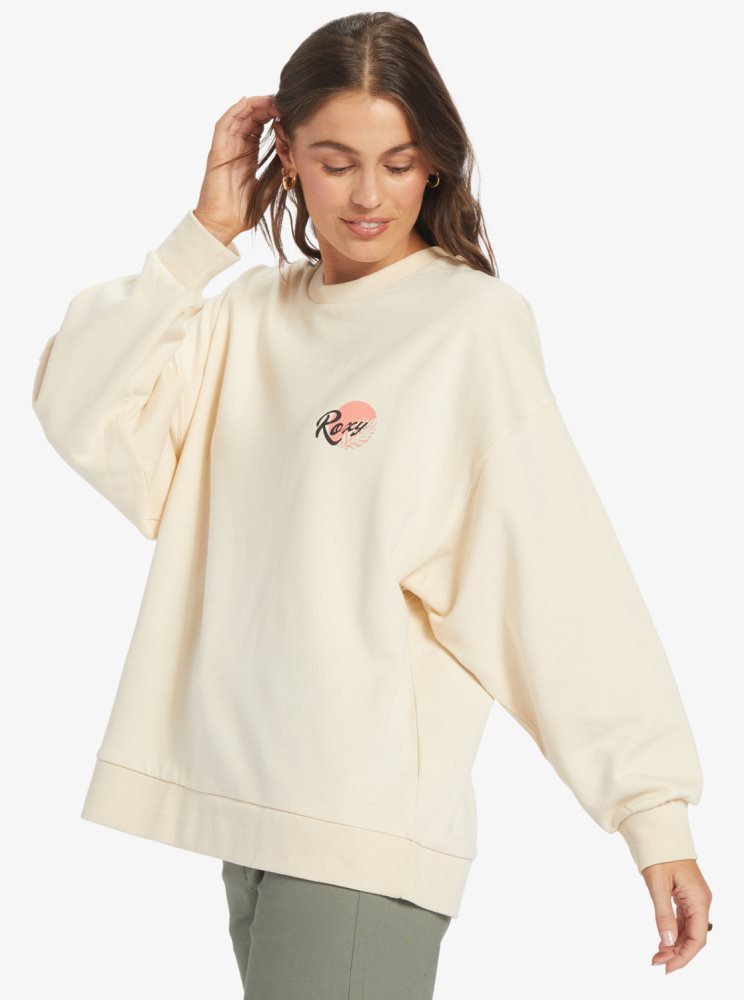 White Women's Roxy Morning Hike Crewneck Boyfriend Sweatshirts | USA OULB-04937